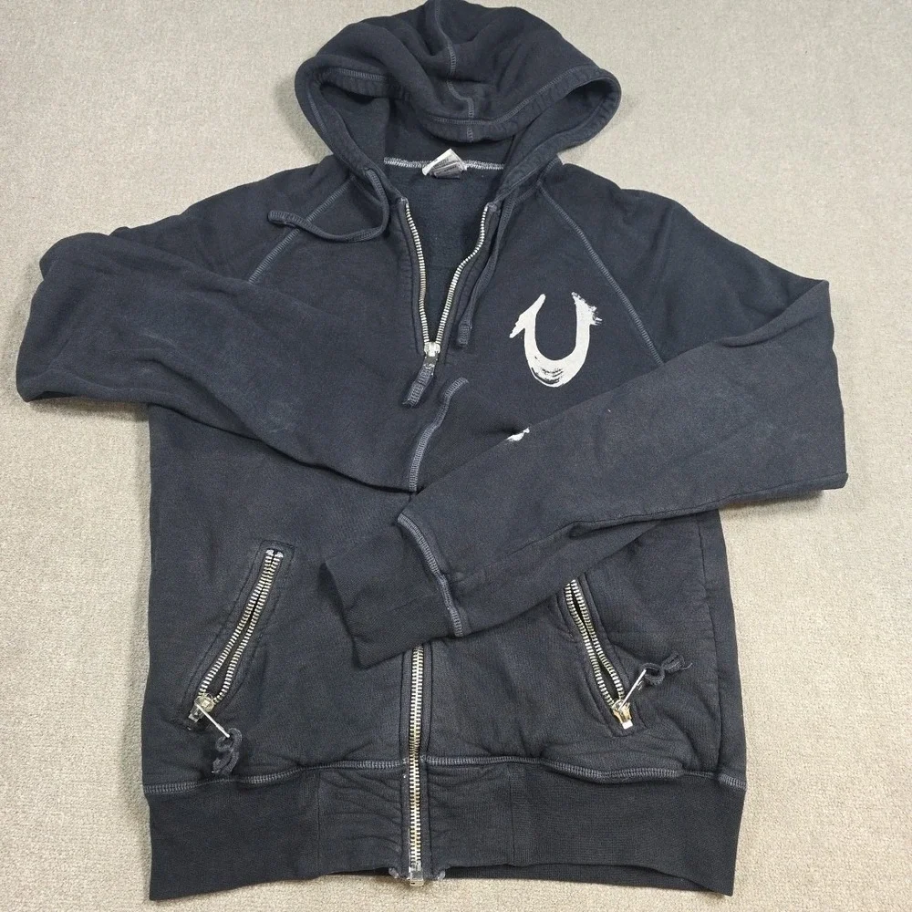 Vintage Tag True Religion Hoodie Sweatshirt‎ Mens Medium Black Zip Up Pockets